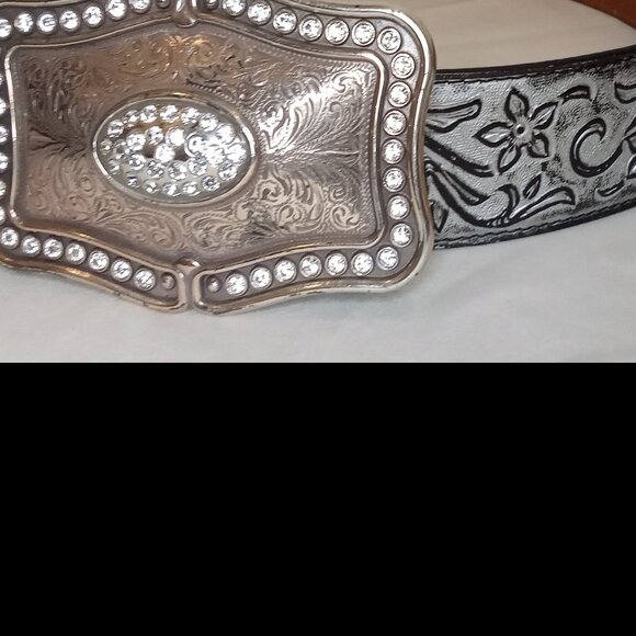 Justin Boots Ladies Belt Western Silver Black Rhinestone Buckle Size 34 - Picture 2 of 16